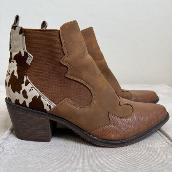 Altar’d State Sz 8.5 Cow Print Brown Western Cowboy Booties Pointed Toe Festival - Picture 4 of 15